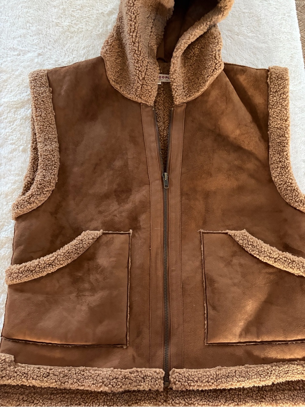 Free People "Juno" Oversized Hooded Faux Suede Sherpa-Lined Vest